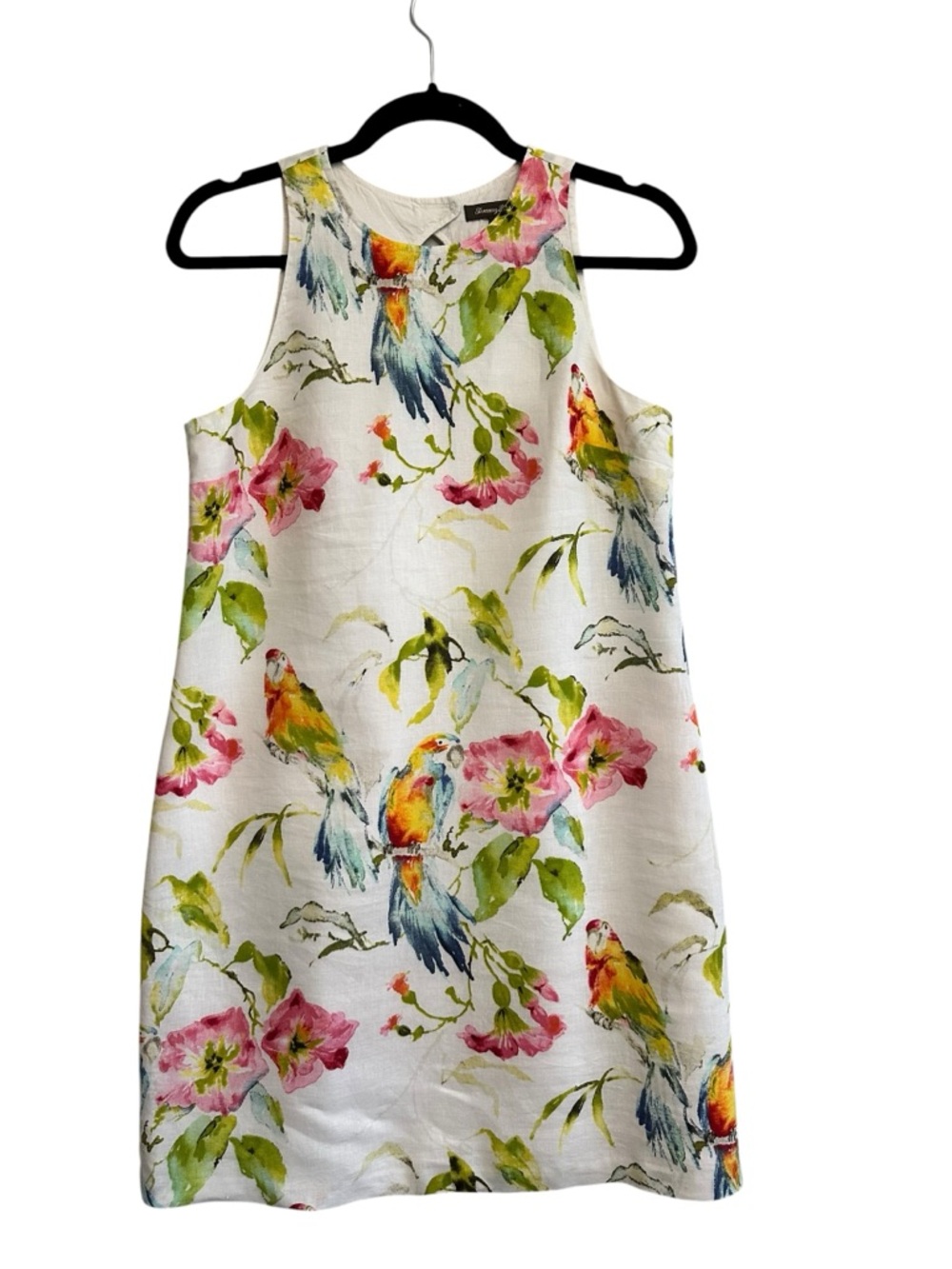 Tommy Bahama White Dress with Pink, Green Blue Floral Parrot 100% Linen